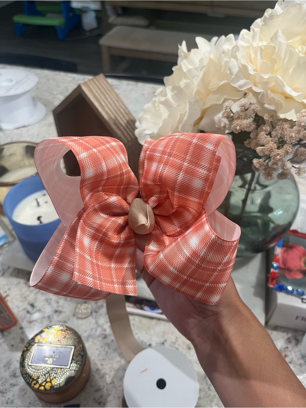 Kids Plaid Bow Headband in Coral Pink